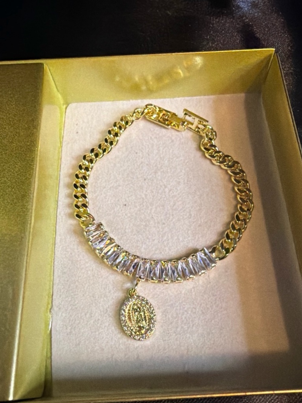 Gold Crystal Link Bracelet with Religious Oval Charm